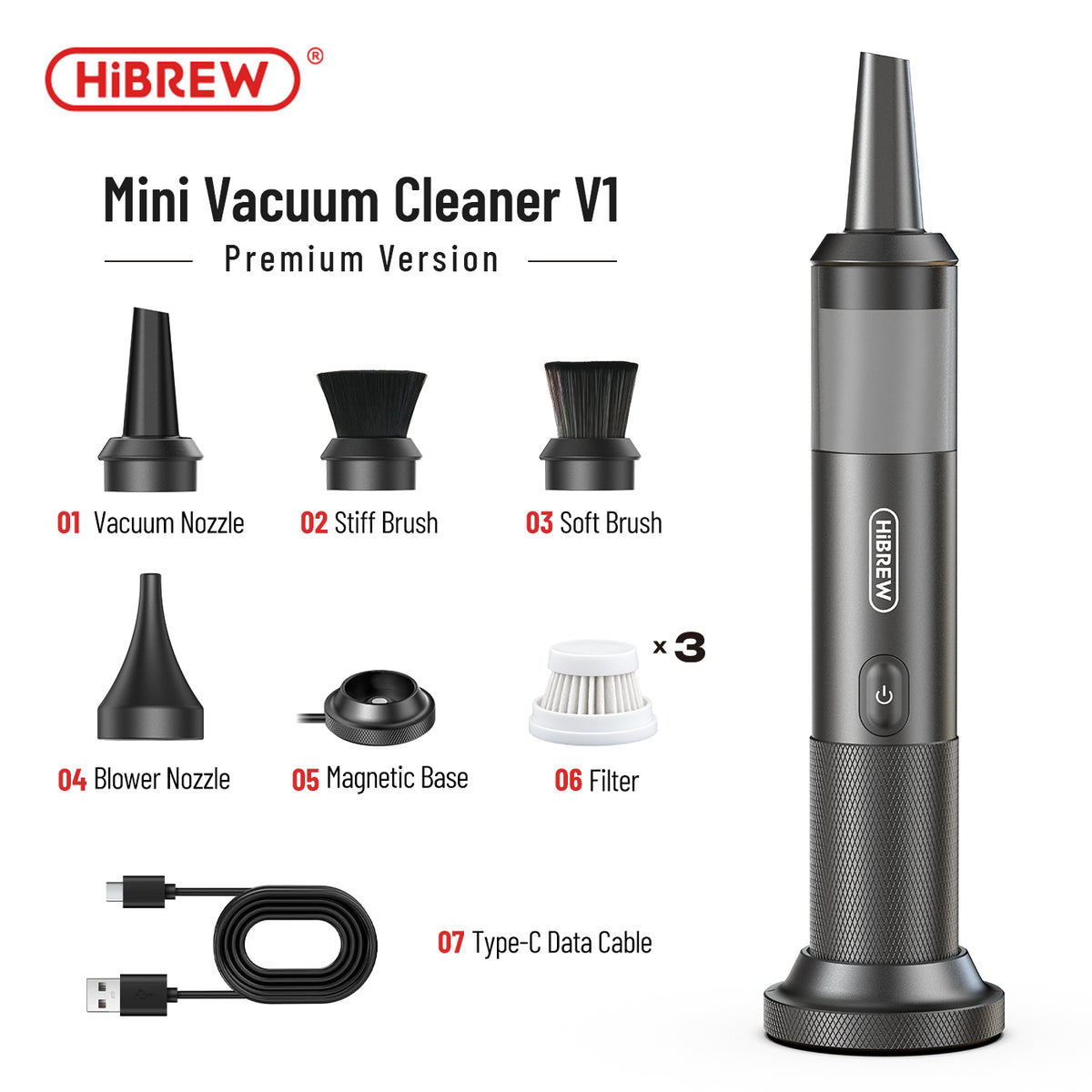 HiBREW Mini Vacuum Cleaner V1 Premium Version Brushless Motor & Magnetic Charging