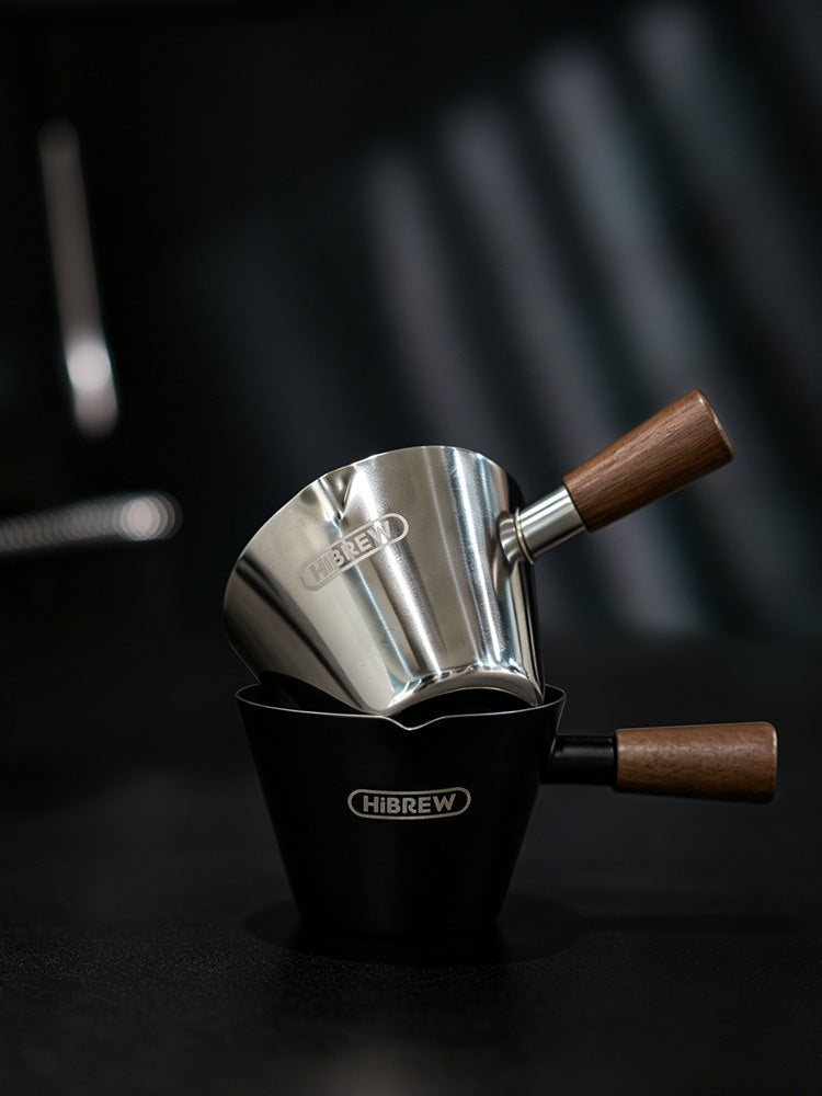 HiBREW 100ml Stainless Steel Espresso Shot Cup with Wooden Handle Ergonomic Coffee Measuring Pitcher