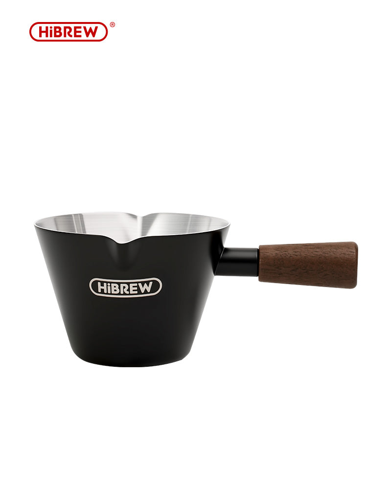 HiBREW 100ml Stainless Steel Espresso Shot Cup with Wooden Handle Ergonomic Coffee Measuring Pitcher