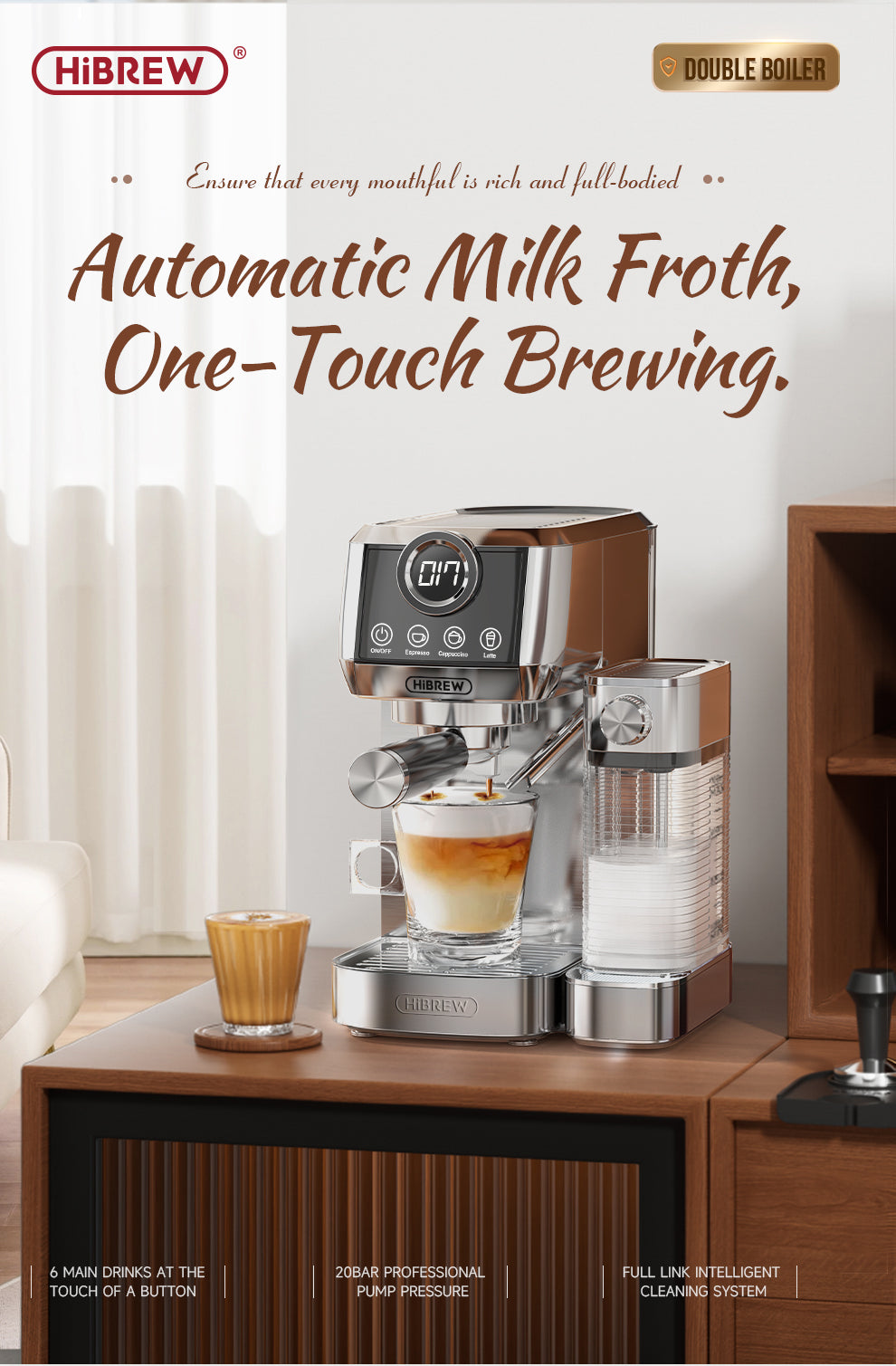 HiBREW 3 in 1 Semi Automatic Espresso Cappuccino Latte Coffee Machine Automatic Milk Froth Ground Coffee Stainless Steels H13A